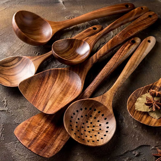 1–10PC Teak Wooden Cooking Utensil Set – Non-Stick, Handmade Kitchen Spoons & Spatulas