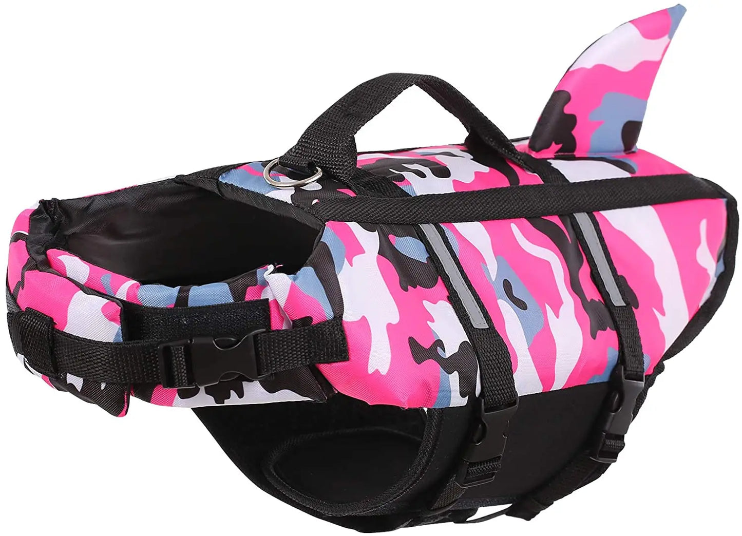 Shark Fin Dog Life Jacket – Camouflage Swim Vest with Handle & Leash Hook (XS–XXL)