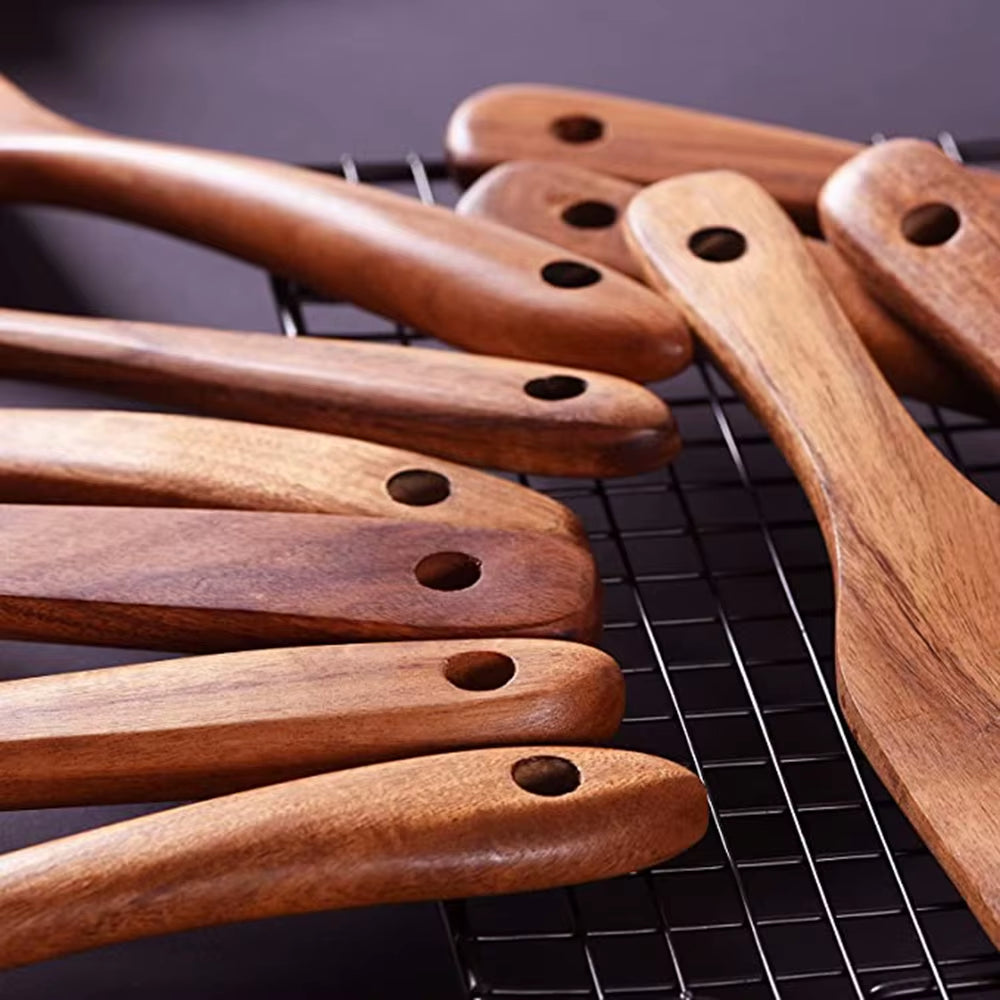 1–10PC Teak Wooden Cooking Utensil Set – Non-Stick, Handmade Kitchen Spoons & Spatulas