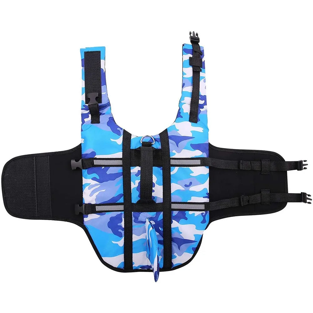 Shark Fin Dog Life Jacket – Camouflage Swim Vest with Handle & Leash Hook (XS–XXL)