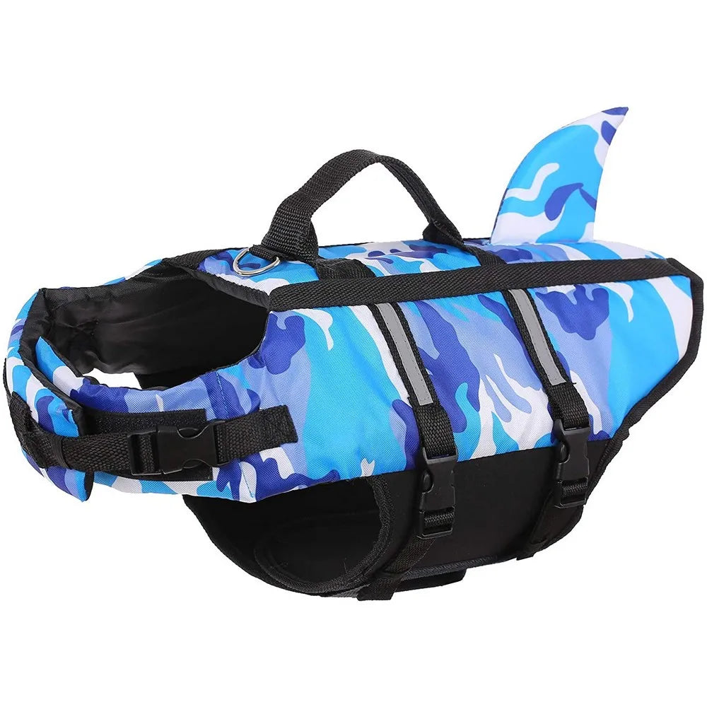 Shark Fin Dog Life Jacket – Camouflage Swim Vest with Handle & Leash Hook (XS–XXL)