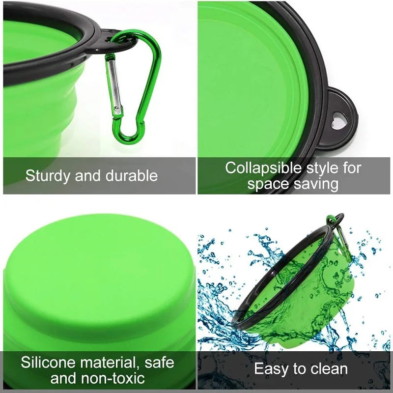 Folding Portable Silicone Pet Bowl with Carabiner | 2-in-1 Food & Water Dispenser for Dogs & Cats – Outdoor Travel, Camping, Walking