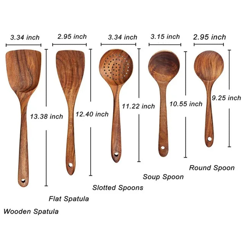 1–10PC Teak Wooden Cooking Utensil Set – Non-Stick, Handmade Kitchen Spoons & Spatulas
