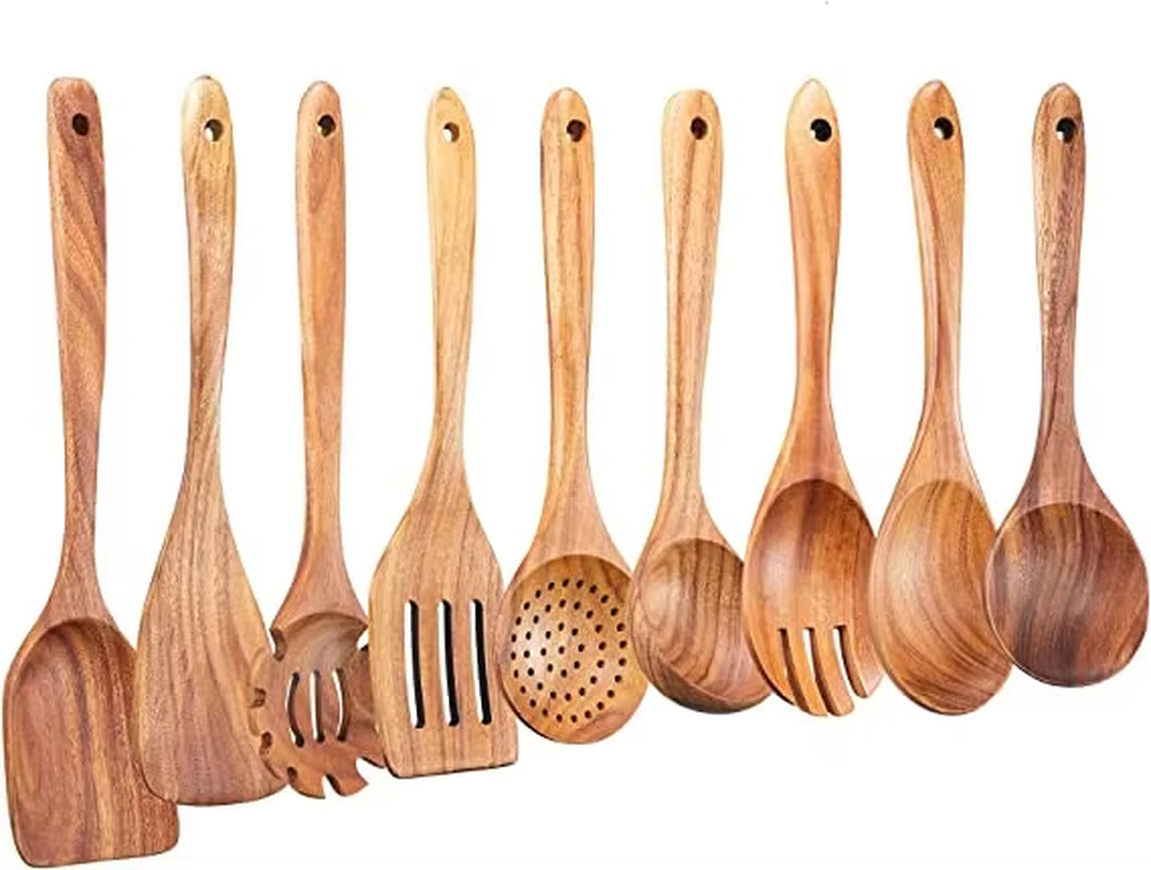 1–10PC Teak Wooden Cooking Utensil Set – Non-Stick, Handmade Kitchen Spoons & Spatulas