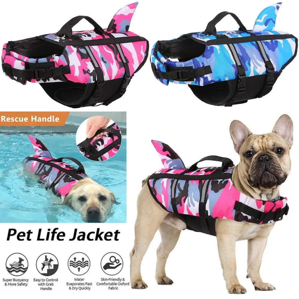 Shark Fin Dog Life Jacket – Camouflage Swim Vest with Handle & Leash Hook (XS–XXL)