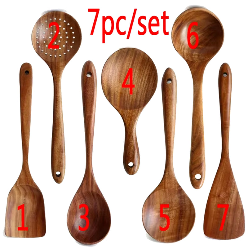 1–10PC Teak Wooden Cooking Utensil Set – Non-Stick, Handmade Kitchen Spoons & Spatulas