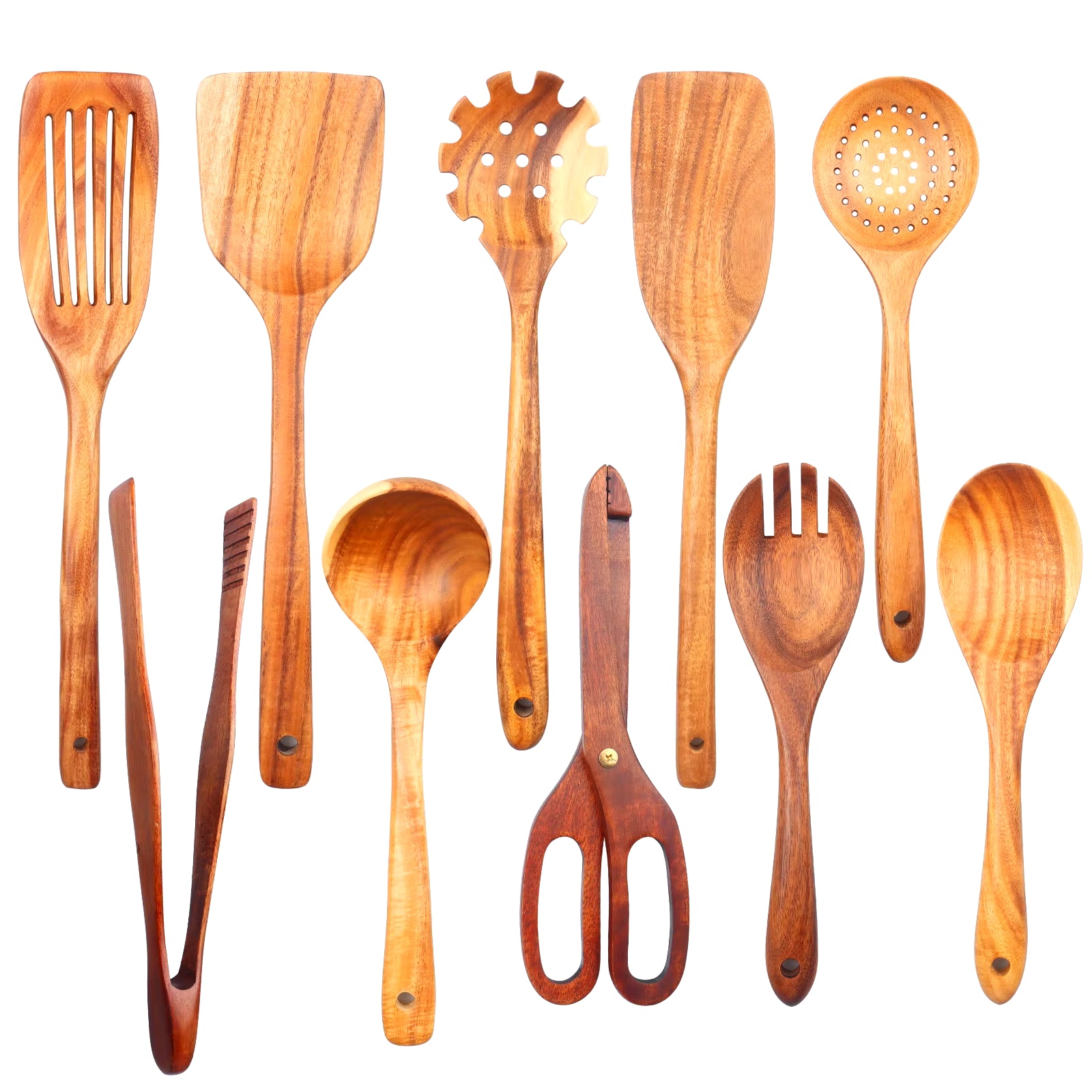 1–10PC Teak Wooden Cooking Utensil Set – Non-Stick, Handmade Kitchen Spoons & Spatulas