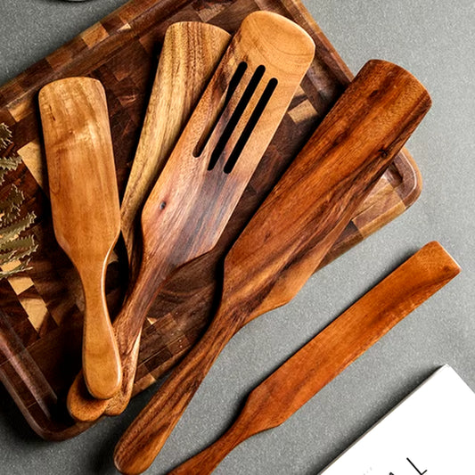 1–10PC Teak Wooden Cooking Utensil Set – Non-Stick, Handmade Kitchen Spoons & Spatulas