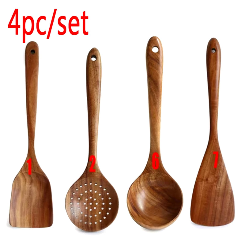 1–10PC Teak Wooden Cooking Utensil Set – Non-Stick, Handmade Kitchen Spoons & Spatulas