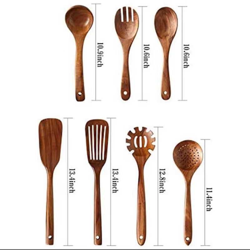 1–10PC Teak Wooden Cooking Utensil Set – Non-Stick, Handmade Kitchen Spoons & Spatulas